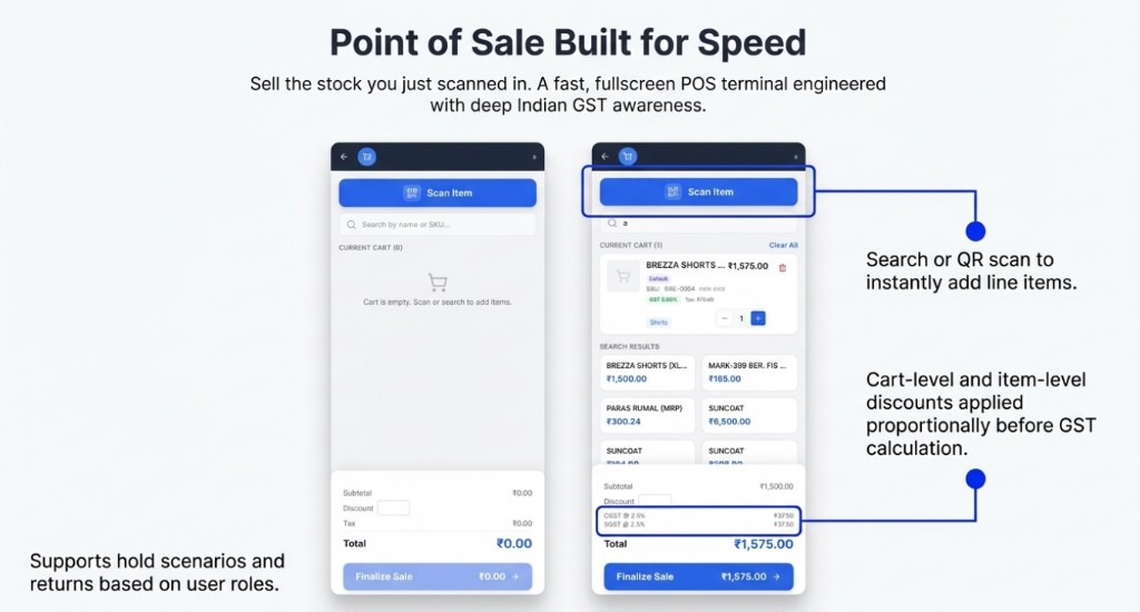 Neptune POS terminal with QR scan, product search, cart, and GST breakdown.